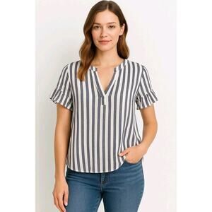 Crown & Ivy Womens Striped Linen Blend Blouse Size S Ruffle Sleeve Summer Top